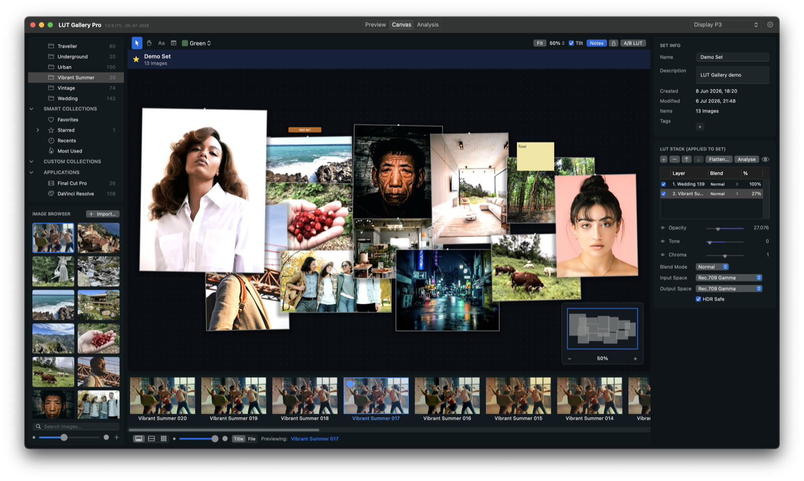 Canvas mode: a board of thirteen pinned reference images, all graded together by a two-layer LUT stack.