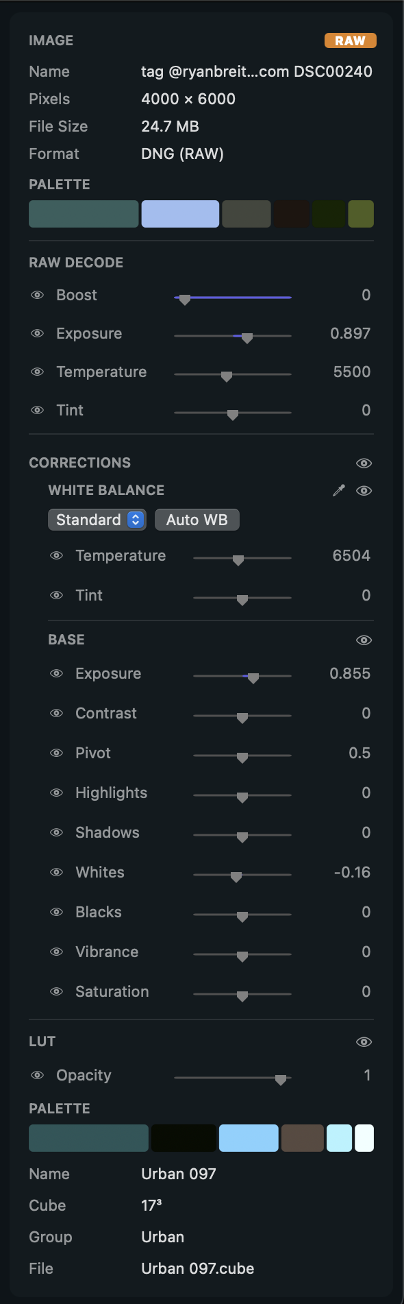 The inspector: input transform, RAW decode, white balance, base correction and LUT sections.